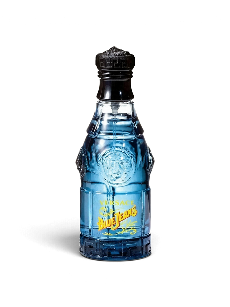 Euaden Versace Blue Jeans erkek parfümü, ikonik mavi cam şişesi ve siyah kapak tasarımı ile modern bir koku.