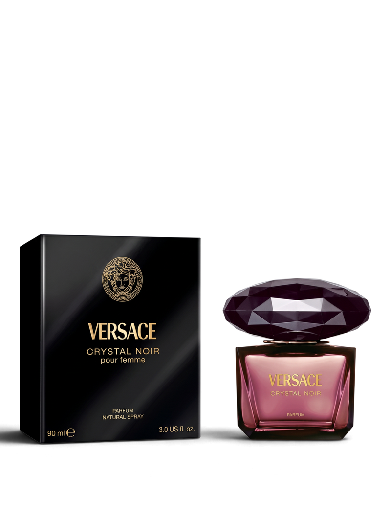 euaden Versace Crystal Noir kadın parfümü, elmas kesim kapaklı şık şişesi ve siyah kutusuyla lüks bir görünüm sunuyor.