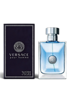 Euaden Versace Pour Homme erkek parfümü, şık cam şişesi ve ikonik Medusa logolu lacivert kutusu ile birlikte.