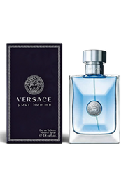 Euaden Versace Pour Homme erkek parfümü, şık cam şişesi ve ikonik Medusa logolu lacivert kutusu ile birlikte.
