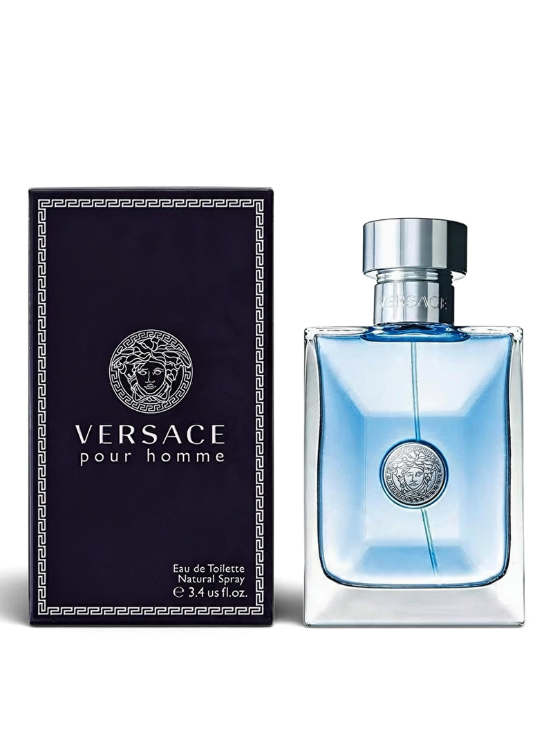 Euaden Versace Pour Homme erkek parfümü, şık cam şişesi ve ikonik Medusa logolu lacivert kutusu ile birlikte.