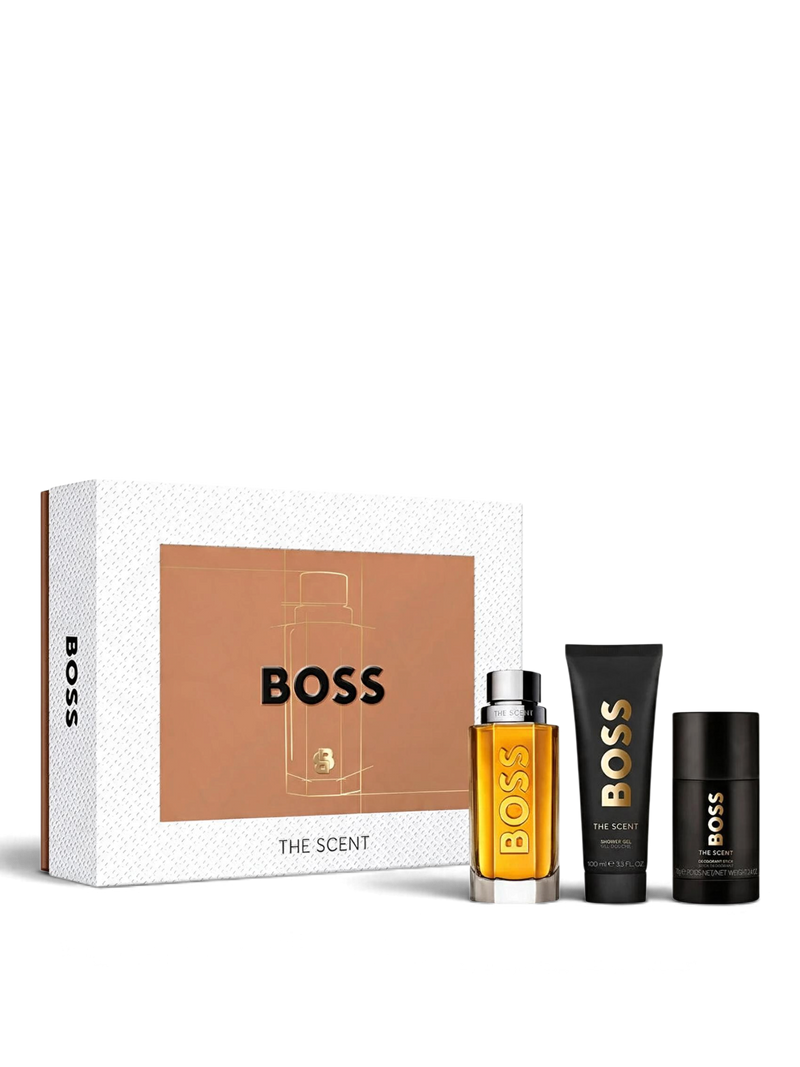 Euaden Hugo Boss The Scent erkek parfüm hediye seti, 100ml EDT, duş jeli ve deodorant içeren şık kutulu set.