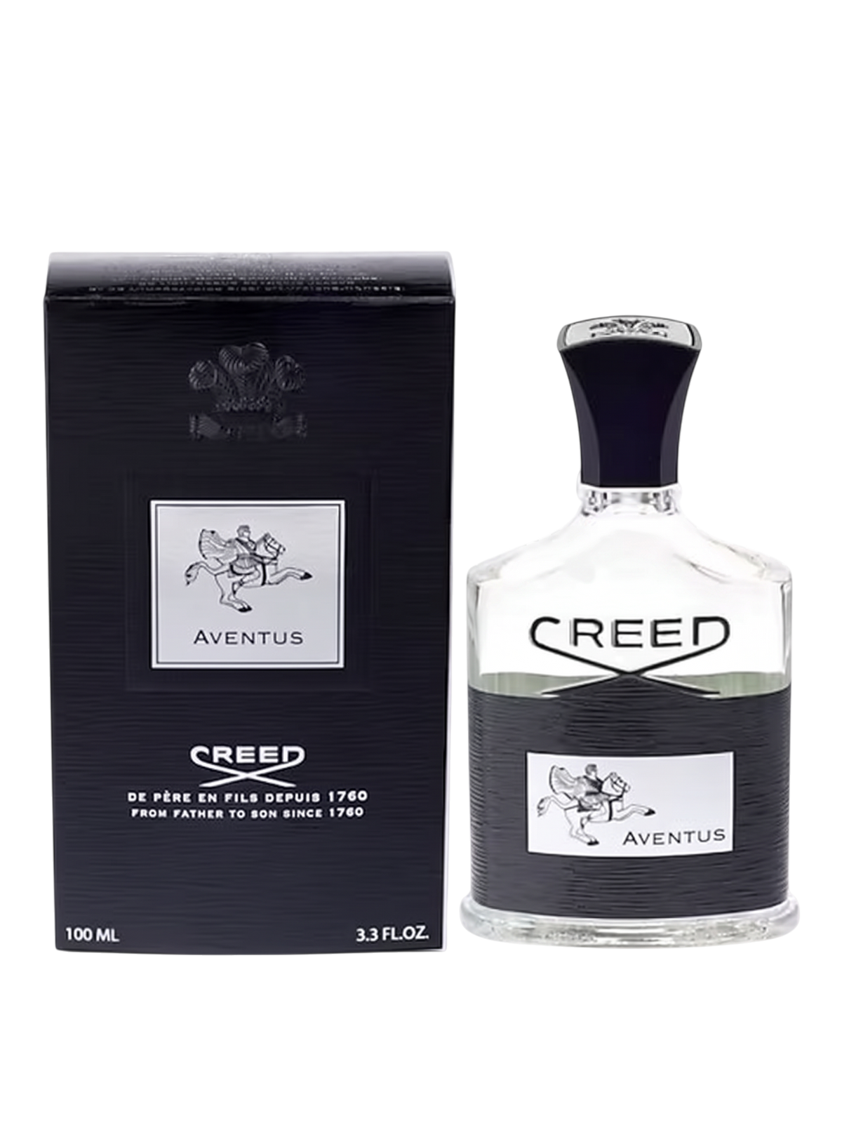 Euaden güvencesiyle sunulan 100 ml Creed Aventus erkek parfümü, siyah kutusu ve ikonik cam şişesiyle.