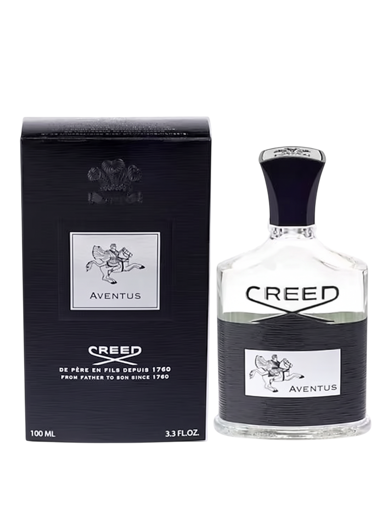 Euaden güvencesiyle sunulan 100 ml Creed Aventus erkek parfümü, siyah kutusu ve ikonik cam şişesiyle.