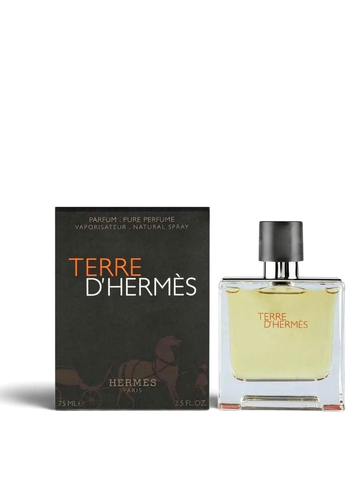 euaden Hermès Terre d'Hermès Pure Parfum 75 ml erkek parfümü, şık cam şişesi ve orijinal kutusu ile birlikte.
