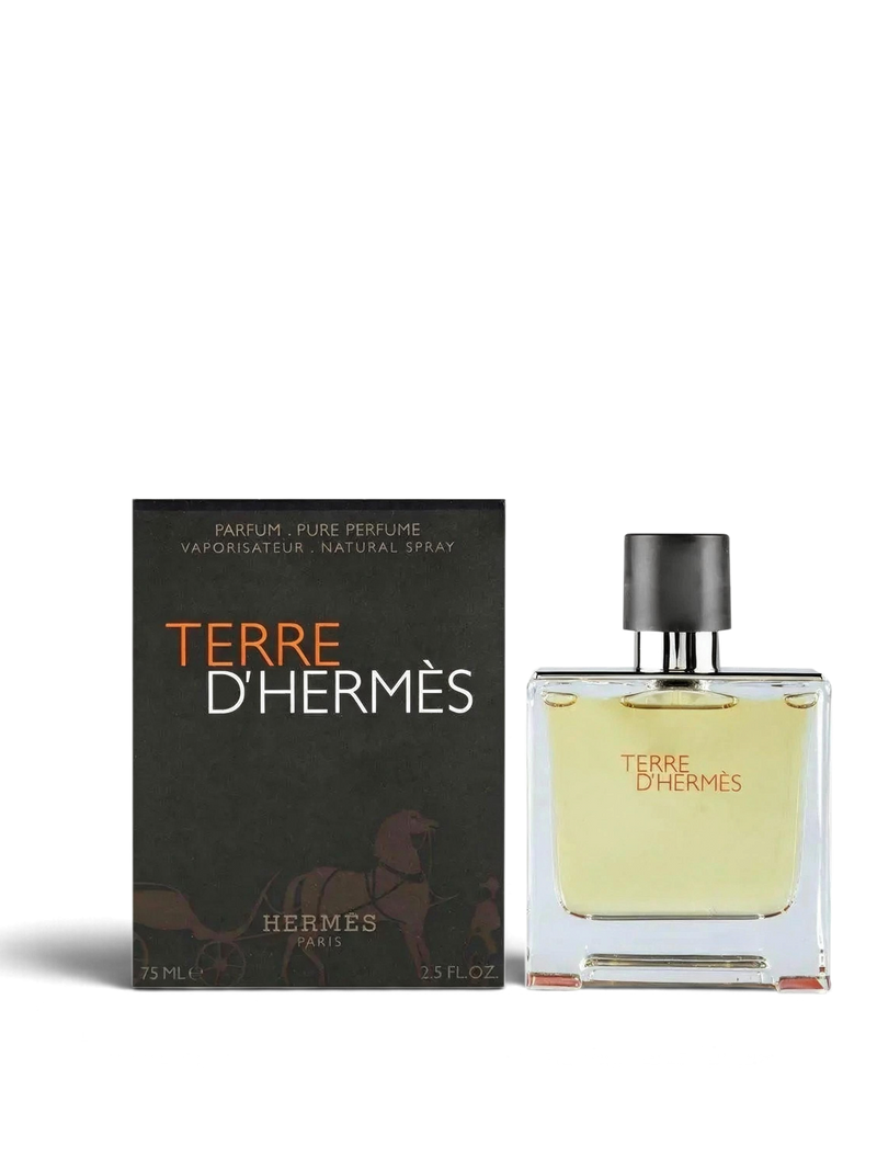 euaden Hermès Terre d'Hermès Pure Parfum 75 ml erkek parfümü, şık cam şişesi ve orijinal kutusu ile birlikte.