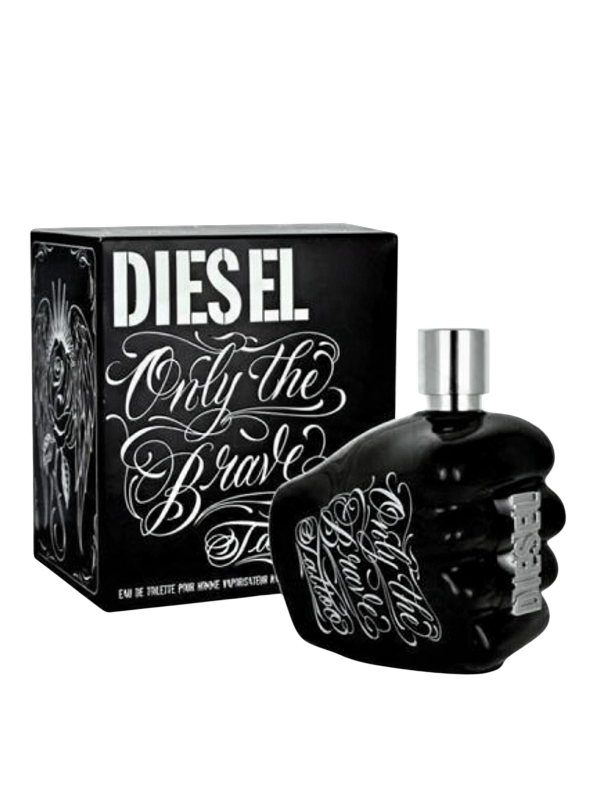 Euaden Diesel Only The Brave Tattoo erkek parfümü, yumruk şeklinde siyah şişe ve üzerinde beyaz dövme desenli kutu