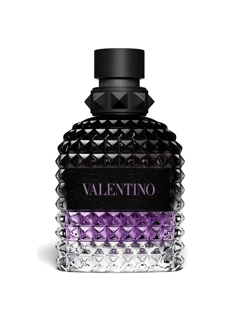 euaden Valentino Uomo Born In Roma Purple Melancholia erkek parfümü, ikonik çivili cam şişesi ve mor detaylarıyla