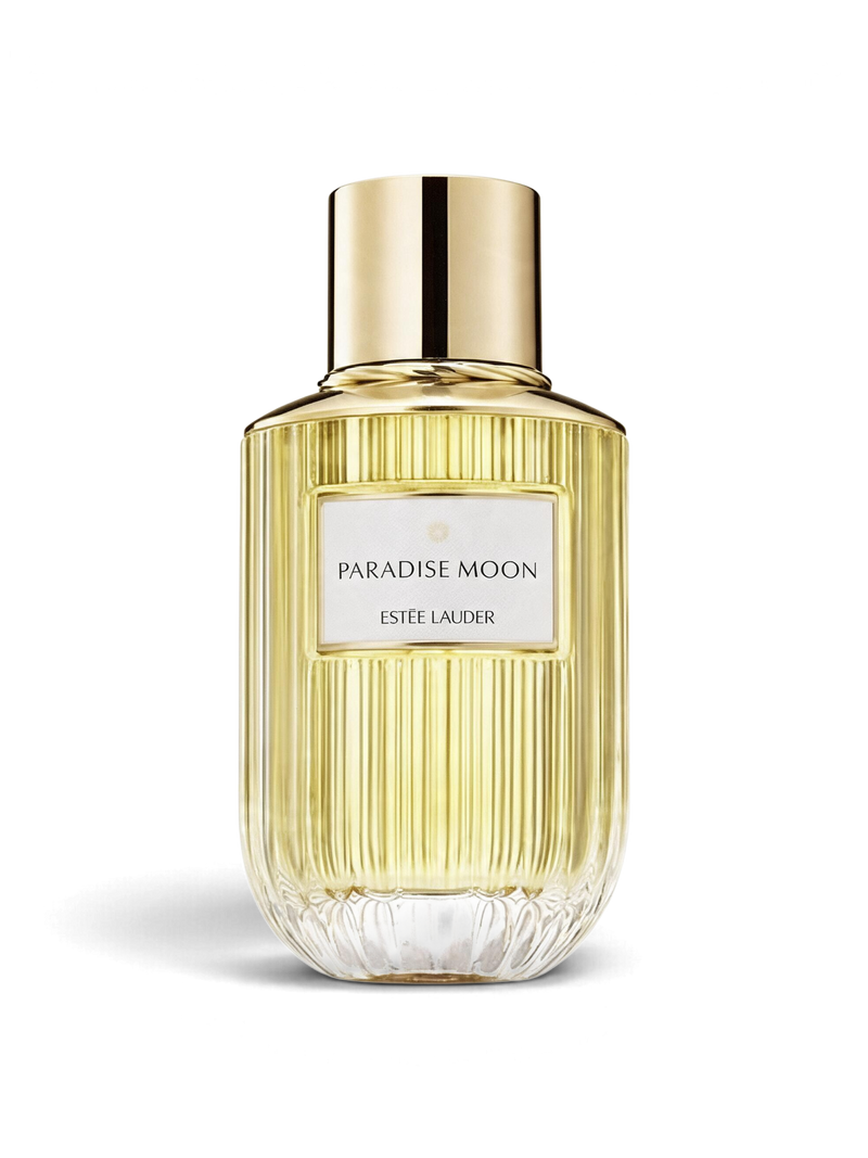 euaden Estée Lauder Paradise Moon kadın parfümü, altın kapaklı ve dikey çizgili şık cam şişesiyle zarif bir tasarım.