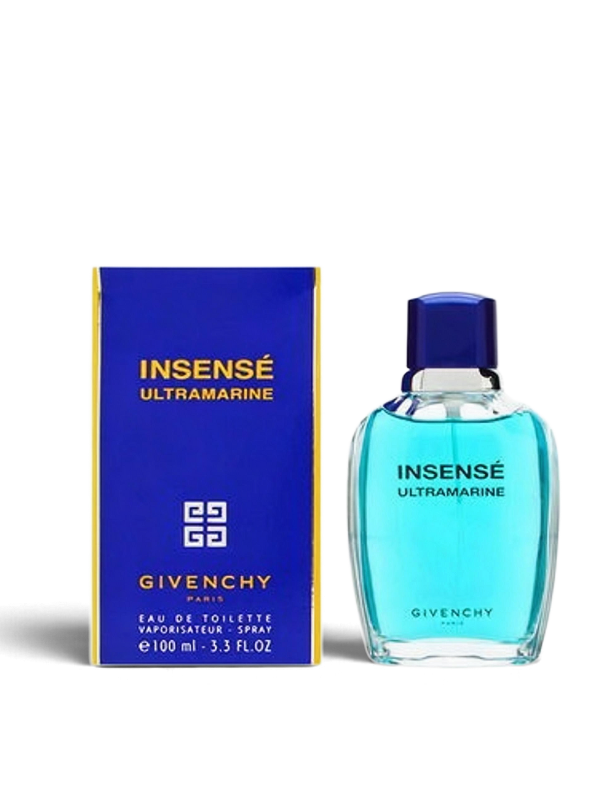 euaden Givenchy Insensé Ultramarine 100 ml erkek parfümü, mavi cam şişesi ve ikonik lacivert kutusu ile