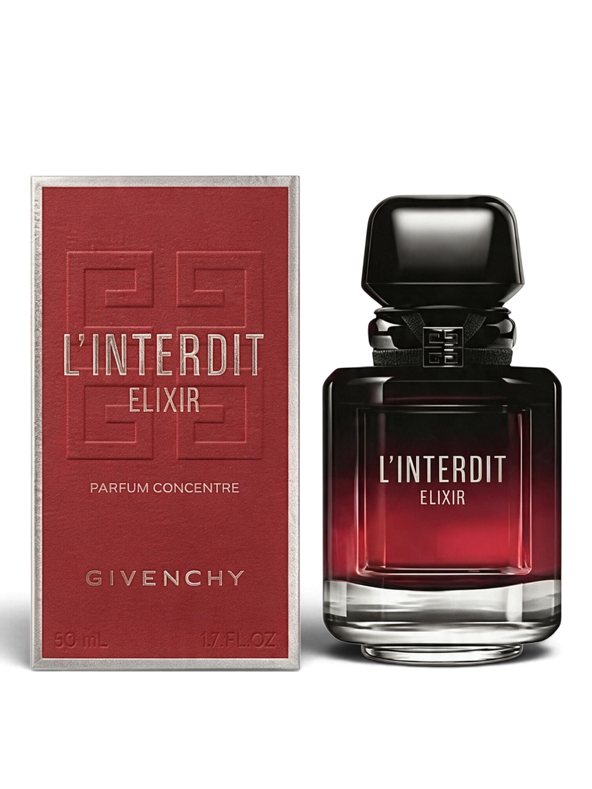 euaden Givenchy L'Interdit Elixir kadın parfümü, kırmızı ve siyah degrade cam şişesi ve uyumlu kutusu ile
