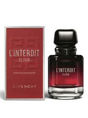euaden Givenchy L'Interdit Elixir kadın parfümü, kırmızı ve siyah degrade cam şişesi ve uyumlu kutusu ile