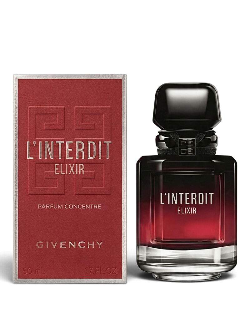euaden Givenchy L'Interdit Elixir kadın parfümü, kırmızı ve siyah degrade cam şişesi ve uyumlu kutusu ile