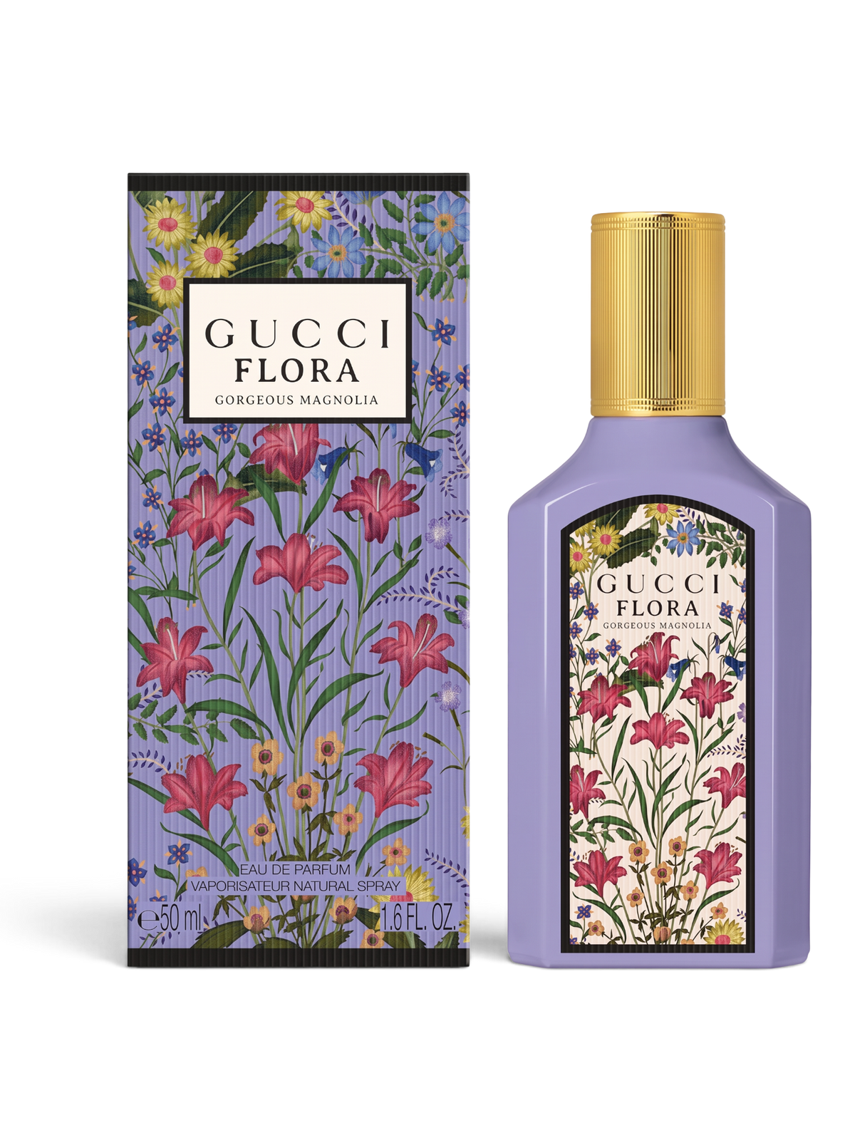 euaden Gucci Flora Gorgeous Magnolia kadın parfümü ve çiçek desenli mor şişesi