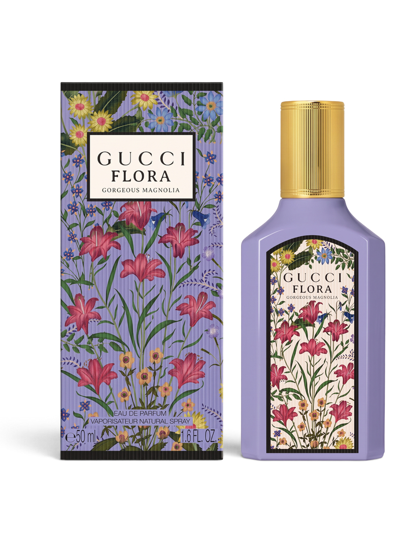 euaden Gucci Flora Gorgeous Magnolia kadın parfümü ve çiçek desenli mor şişesi