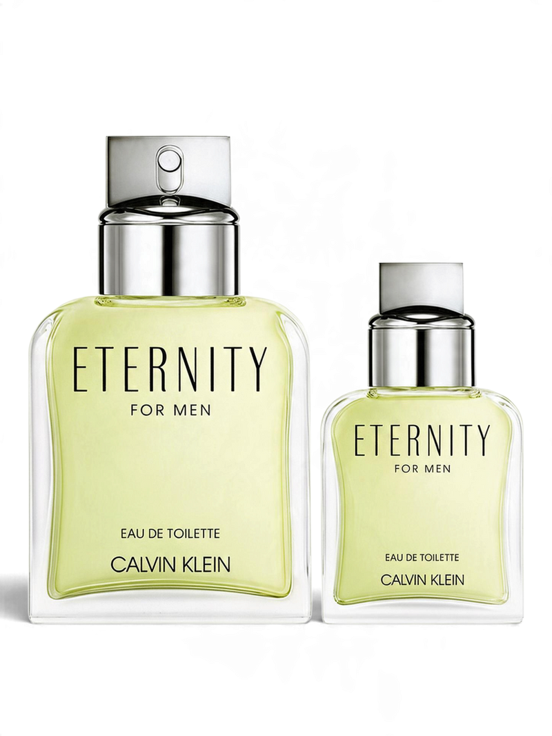 euaden Calvin Klein Eternity Men 100ml ve 30ml EDT parfüm seti, şık cam şişelerde taze ve klasik erkek kokusu