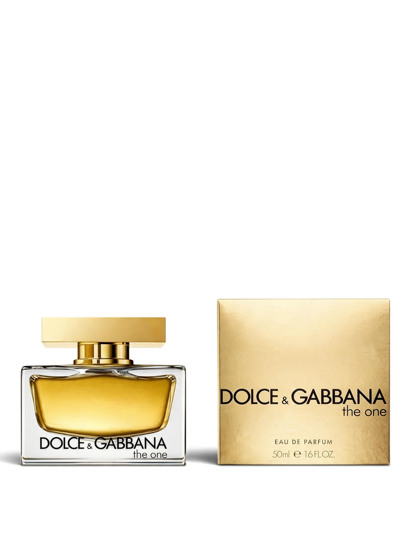 euaden Dolce & Gabbana The One kadın parfümü, altın rengi kapaklı şık cam şişesi ve lüks altın kutusu ile birlikte.