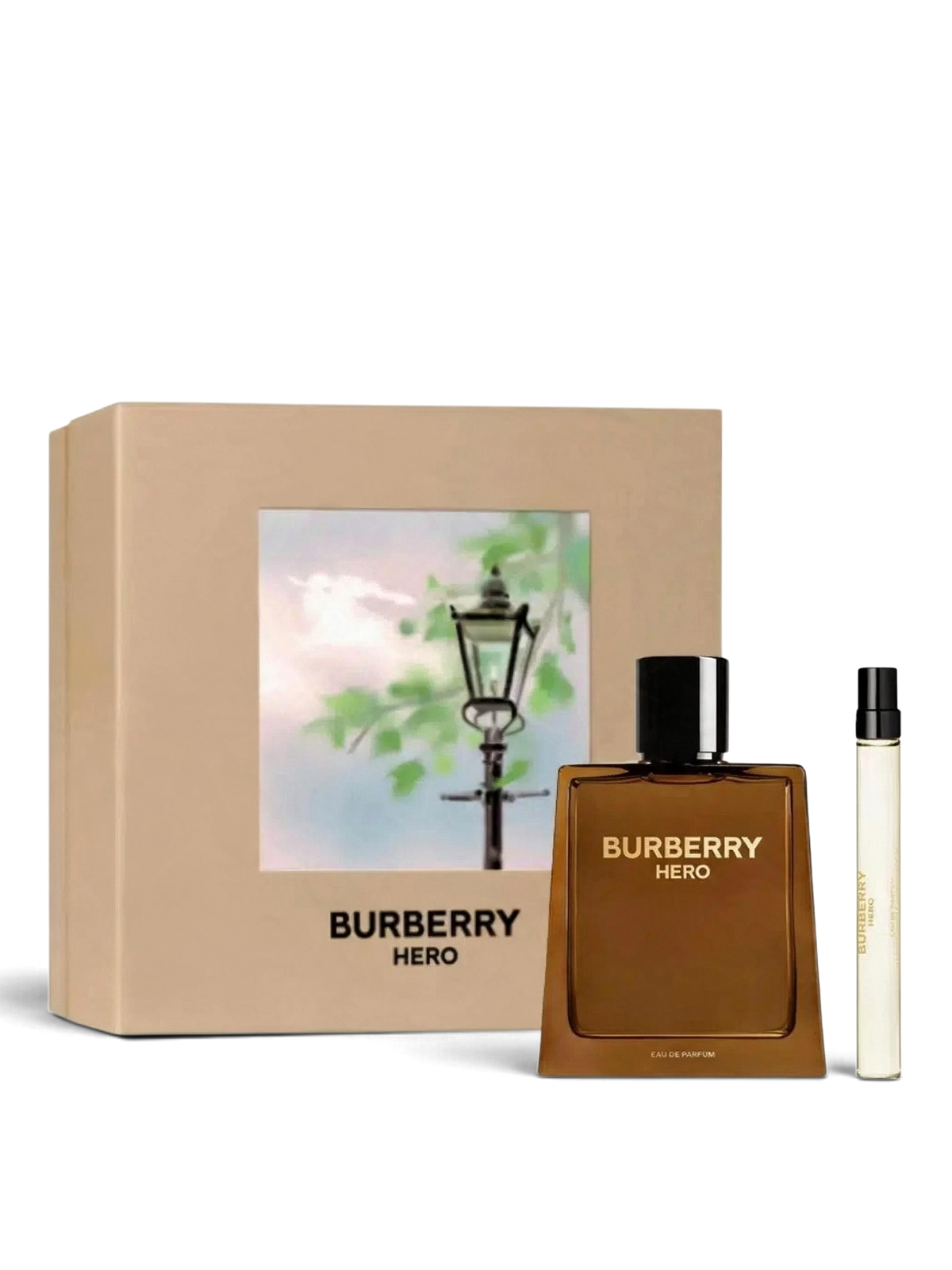 euaden Burberry Hero EDP erkek parfüm hediye seti, 100ml şişe ve 10ml seyahat boyu parfüm içeren şık kutulu tasarım.