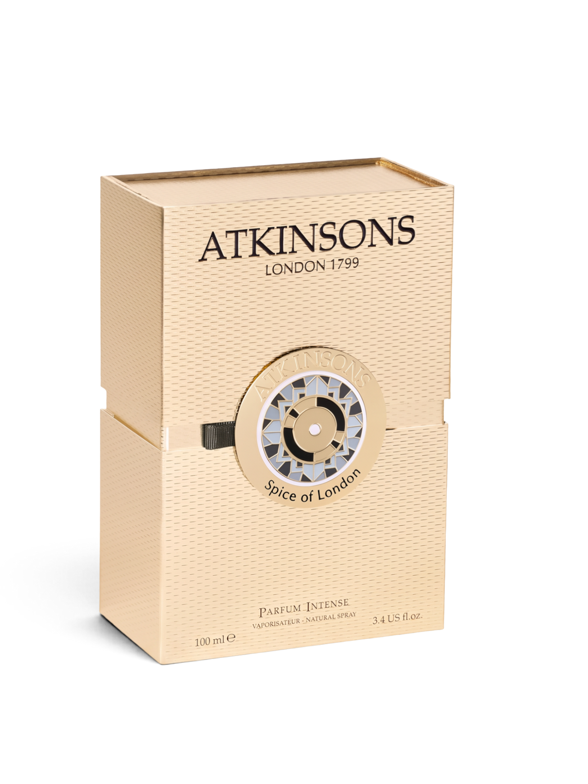 euaden Atkinsons Spice of London Parfum Intense 100 ml unisex parfüm kutusu, şık altın rengi dokulu ambalaj tasarımı
