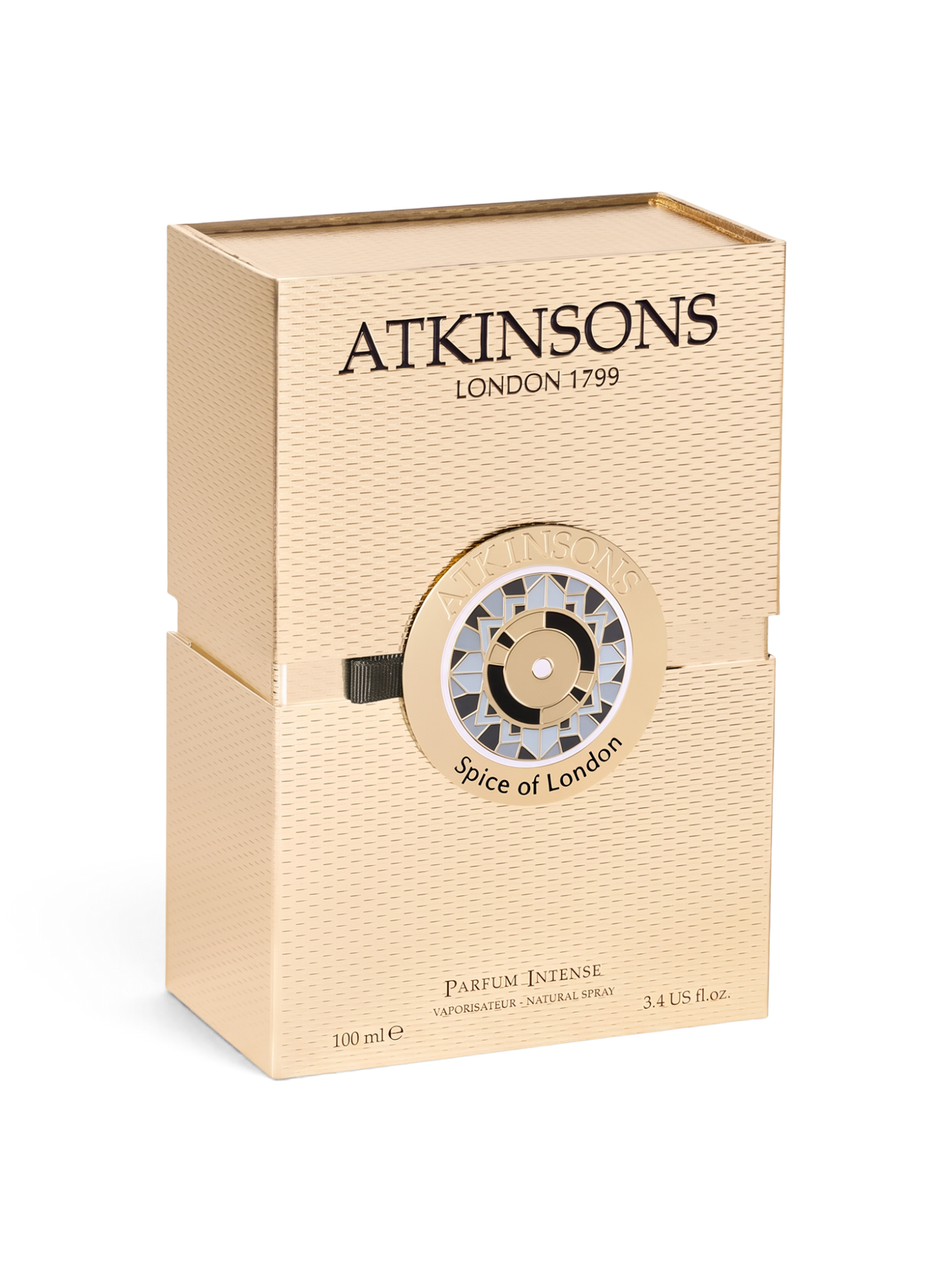 euaden Atkinsons Spice of London Parfum Intense 100 ml unisex parfüm kutusu, şık altın rengi dokulu ambalaj tasarımı