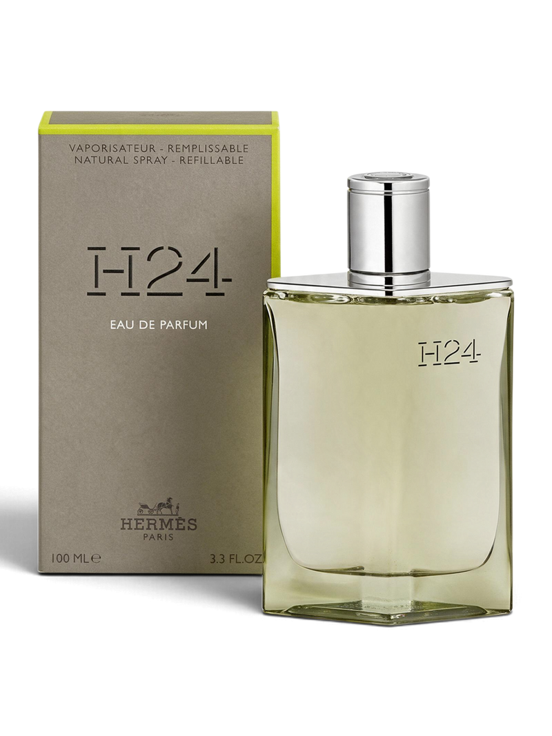 euaden Hermès H24 EDP erkek parfümü, şık cam şişesi ve yeşil detaylı gri kutusu ile modern odunsu koku tasarımı.