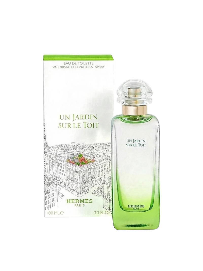 euaden Hermès Un Jardin Sur Le Toit unisex parfüm, yeşil ve şeffaf cam şişesi ve Paris temalı kutusuyla