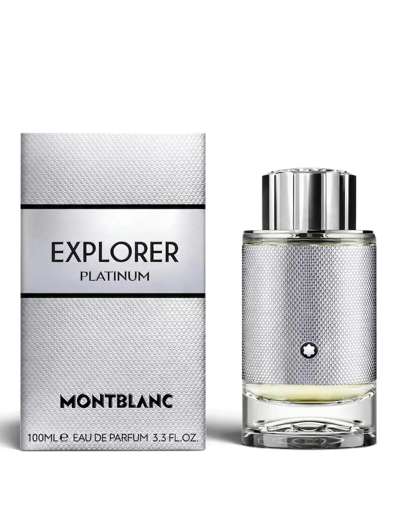 Euaden Montblanc Explorer Platinum erkek parfümü, metalik dokulu gümüş şişesi ve uyumlu kutusu ile.