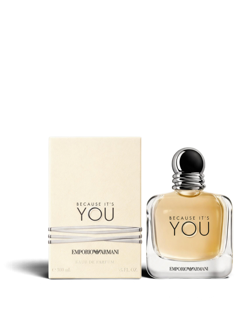 euaden Emporio Armani Because It's You kadın parfümü, 100 ml şık cam şişesi ve orijinal krem renkli kutusu ile.