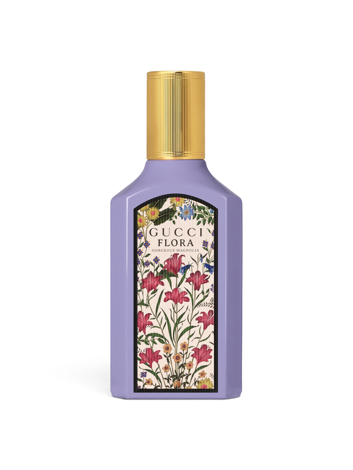 euaden Gucci Flora Gorgeous Magnolia 100 ml kadın parfümü, lila renkli şişesi ve ikonik çiçek desenli etiketiyle