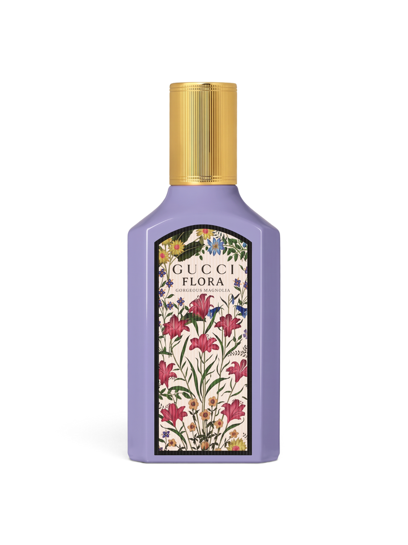 euaden Gucci Flora Gorgeous Magnolia 100 ml kadın parfümü, lila renkli şişesi ve ikonik çiçek desenli etiketiyle
