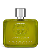 Euaden Gucci Guilty Pour Homme Elixir de Parfum erkek parfümü, yeşil cam şişesi ve ikonik Gucci logosu ile.