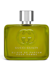Euaden Gucci Guilty Pour Homme Elixir de Parfum erkek parfümü, yeşil cam şişesi ve ikonik Gucci logosu ile.