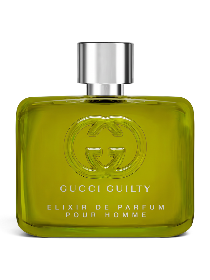Euaden Gucci Guilty Pour Homme Elixir de Parfum erkek parfümü, yeşil cam şişesi ve ikonik Gucci logosu ile.