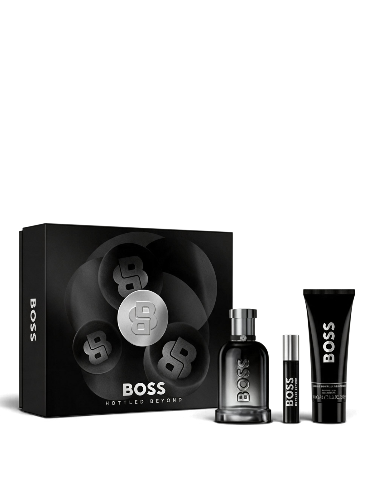 euaden Hugo Boss Bottled Beyond erkek parfüm ve duş jeli hediye seti, şık siyah kutu tasarımıyla sunuluyor.