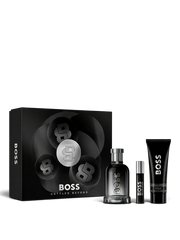 euaden Hugo Boss Bottled Beyond erkek parfüm ve duş jeli hediye seti, şık siyah kutu tasarımıyla sunuluyor.