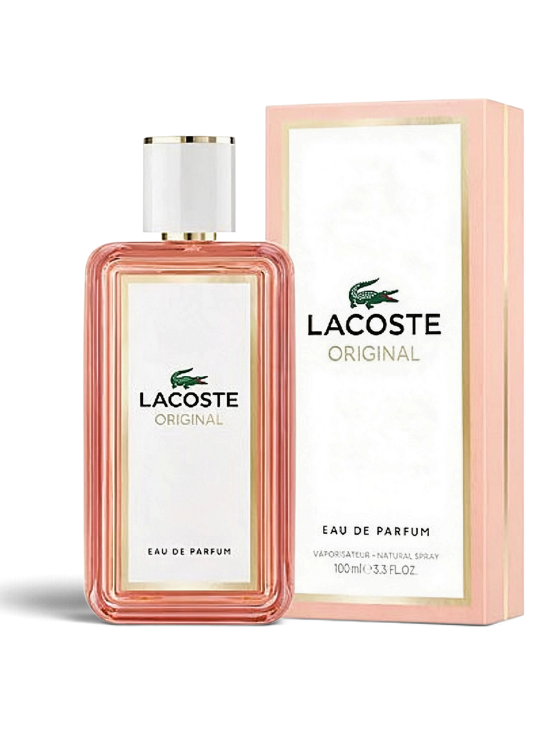 euaden Lacoste Original Femme 100 ml kadın parfümü, şık pembe kutusu ve zarif cam şişesiyle çiçeksi ve taze bir koku.