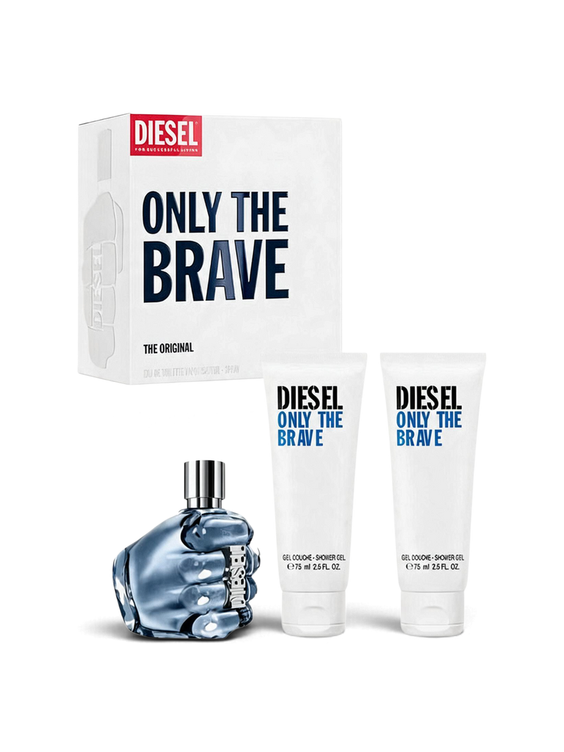 euaden Diesel Only The Brave erkek parfüm seti, ikonik yumruk şişesi ve iki adet duş jeli ile beyaz kutusunda