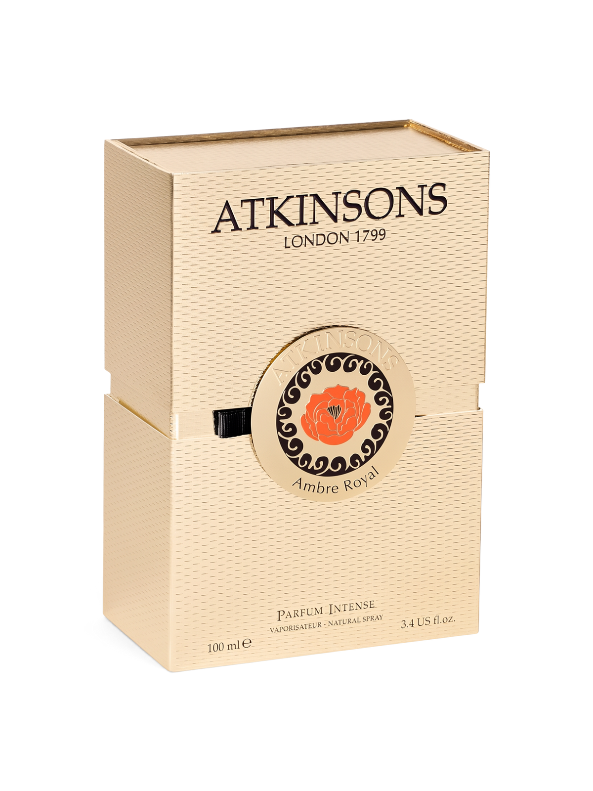 euaden Atkinsons Ambre Royal Parfum Intense 100 ml unisex parfüm kutusu, krem rengi dokulu şık ambalaj tasarımı