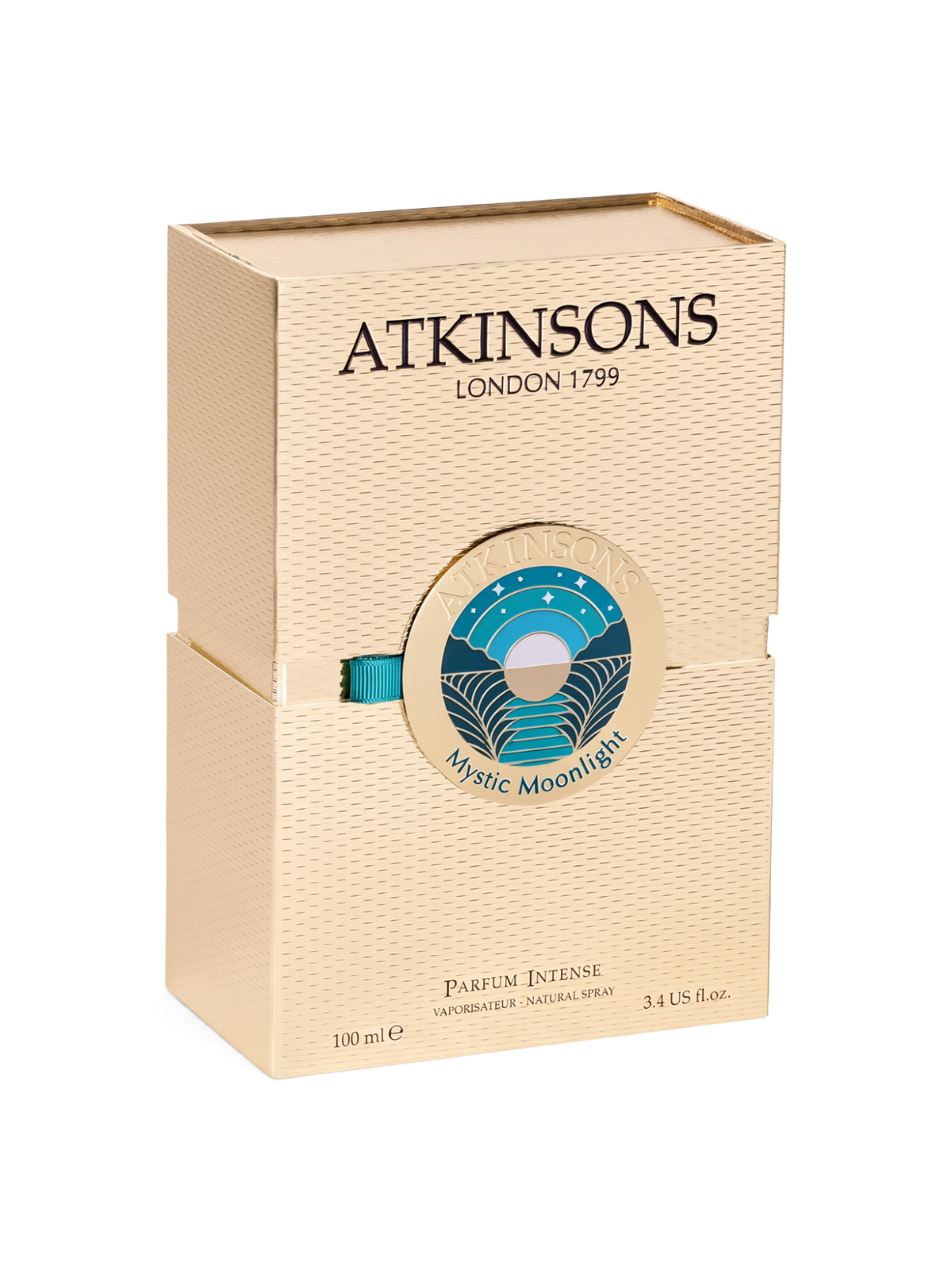 euaden Atkinsons Mystic Moonlight Parfum Intense 100 ml unisex parfüm kutusu, şık ve dokulu bej ambalaj tasarımı