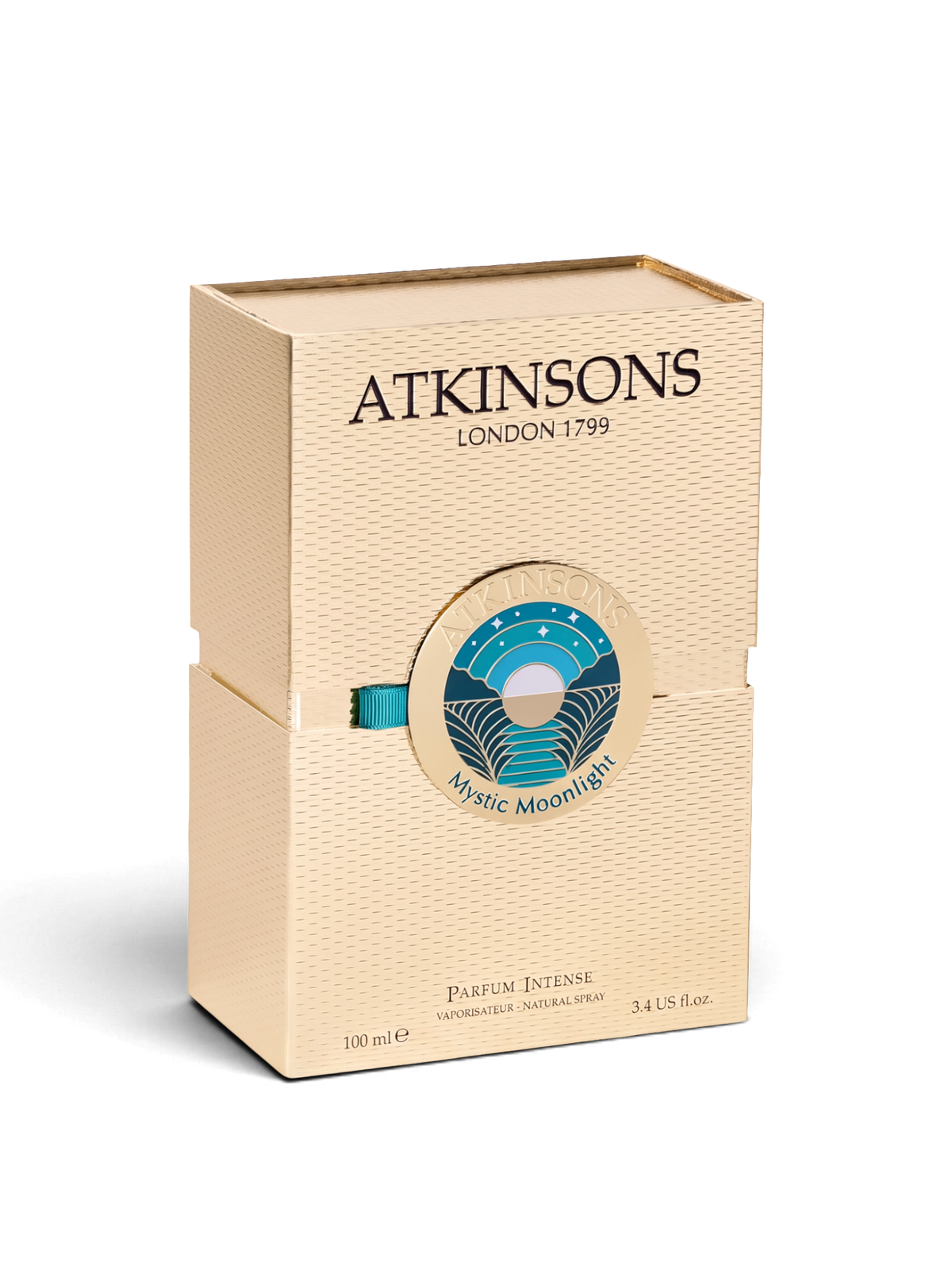 euaden Atkinsons Mystic Moonlight Parfum Intense 100 ml unisex parfüm kutusu, şık ve dokulu bej ambalaj tasarımı