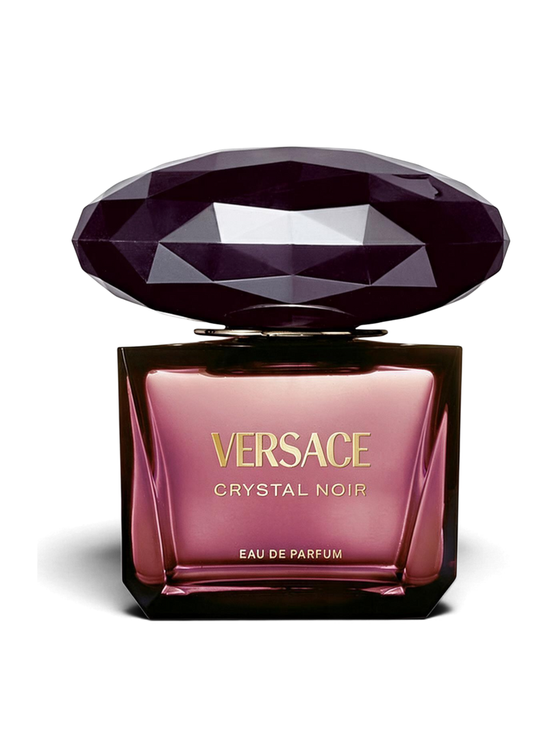 euaden Versace Crystal Noir EDP kadın parfümü, elmas kesim kapaklı şık ve koyu renkli cam şişe tasarımı