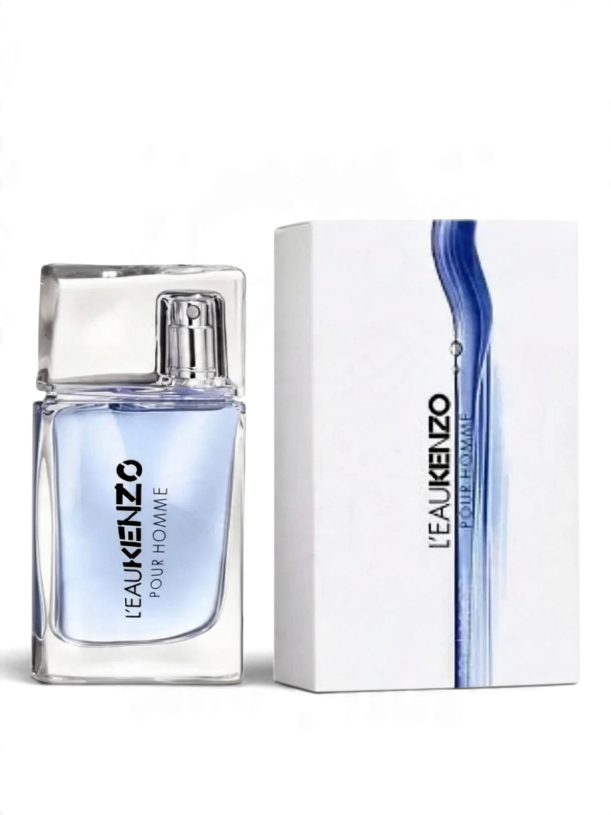 Euaden Kenzo L'eau Homme erkek parfümü, şeffaf cam şişesi ve su temalı beyaz kutusu ile ferahlatıcı bir koku.