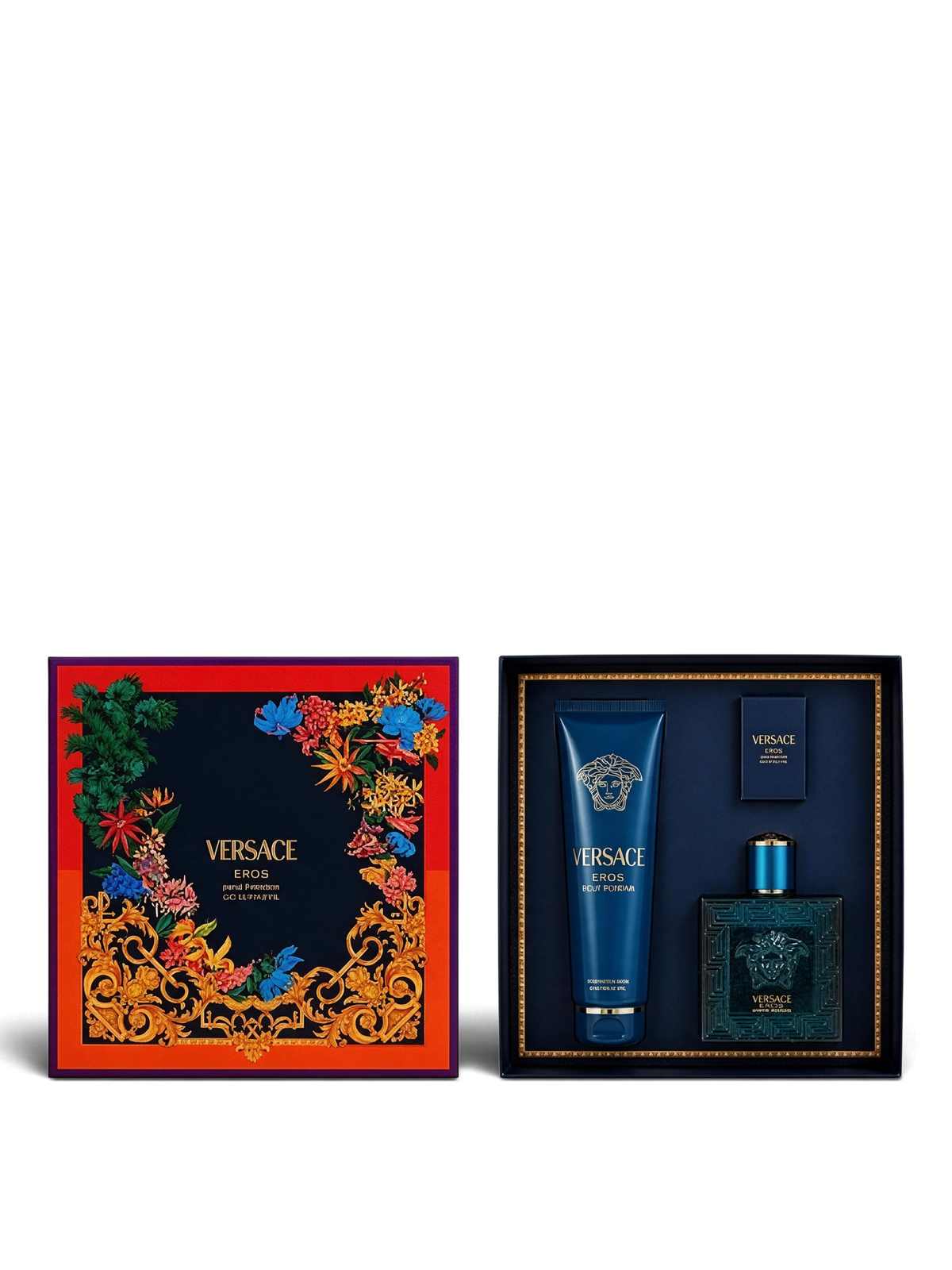 euaden Versace Eros erkek bakım ve hediye seti; 100ml EDT, 150ml duş jeli ve 5ml minyatür parfüm içeren lüks kutu.