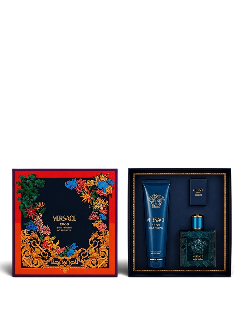 euaden Versace Eros erkek bakım ve hediye seti; 100ml EDT, 150ml duş jeli ve 5ml minyatür parfüm içeren lüks kutu.