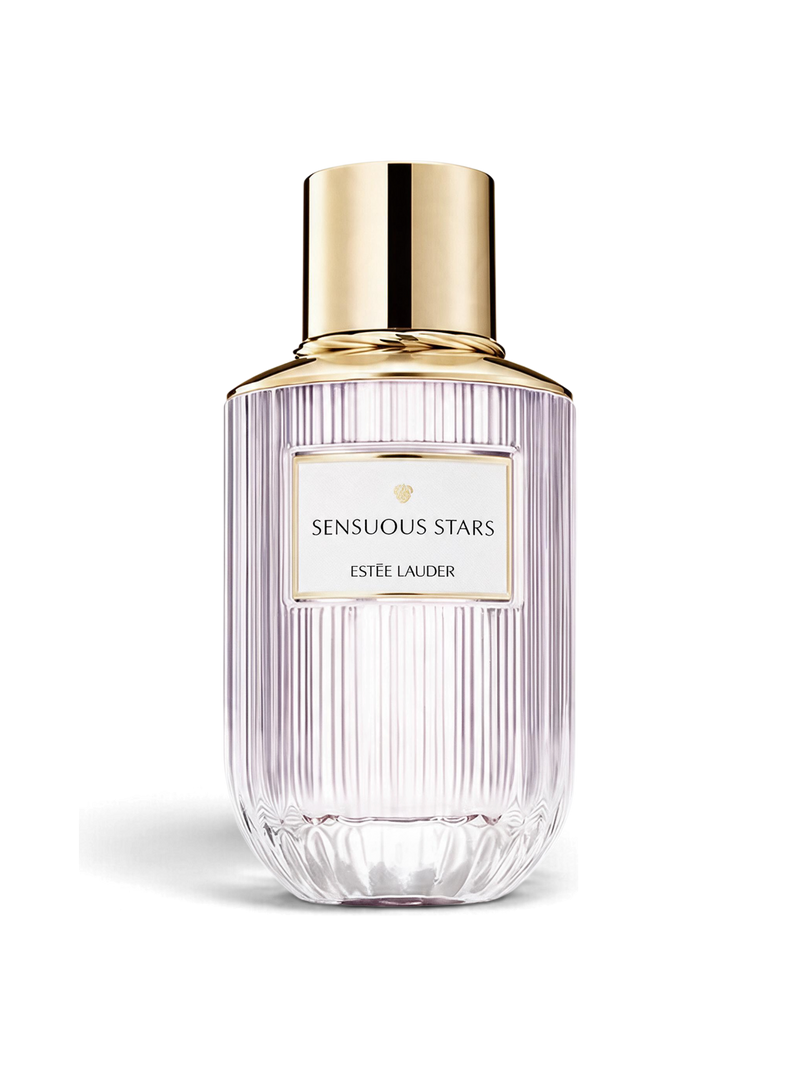 euaden Estée Lauder Sensuous Stars kadın parfümü, altın kapaklı şık ve dikey çizgili cam şişe tasarımı