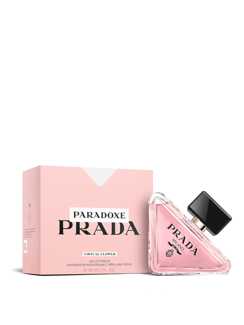 euaden Prada Paradoxe Floral EDP kadın parfümü, üçgen şişe tasarımı ve pembe kutusu ile zarif çiçeksi koku