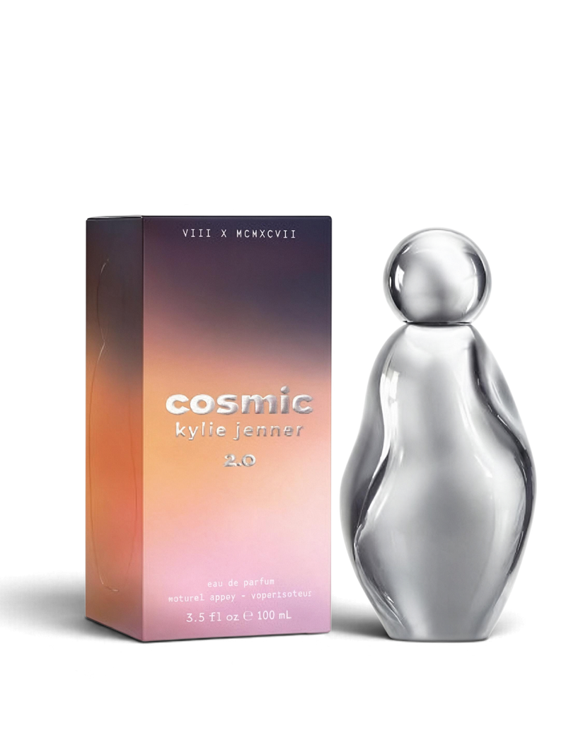 euaden Kylie Jenner 2.0 Cosmic EDP 100 ml kadın parfümü, degrade renkli kutusu ve modern gümüş renkli şişesiyle
