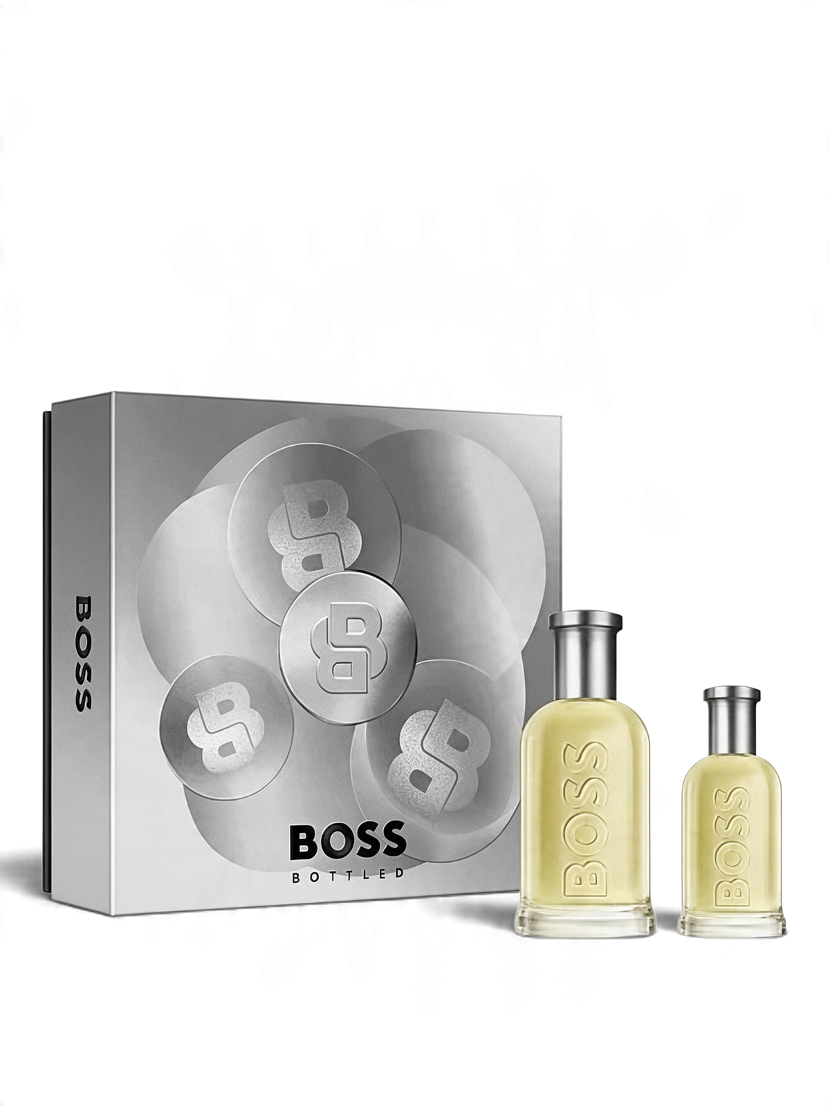 euaden Hugo Boss Bottled erkek parfüm hediye seti, 100ml ve 30ml şişeleriyle şık gümüş kutusunda sunuluyor.