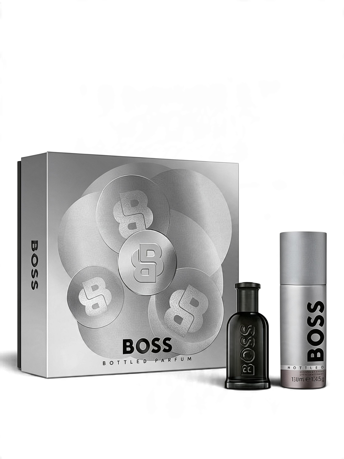 euaden Hugo Boss Bottled Parfum erkek bakım ve hediye seti, 50ml parfüm ve deodorant sprey içeren şık gümüş kutu.