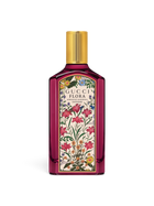 euaden Gucci Flora Gorgeous Gardenia Intense kadın parfümü, mor cam şişe ve ikonik çiçek desenli etiket tasarımı